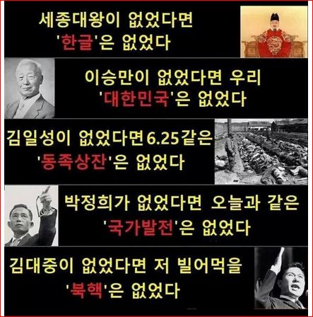 세종대왕이 없었다면 한글은 없었다
이승만이 없었다면 대한민국은 없었다
김일성이 없었다면 625같은 동족상잔은 없었다
박정희가 없었다면 오늘과 같은 국가발전은 없었다
김대중이 없었다면 저 빌어먹을 북핵은 없었다