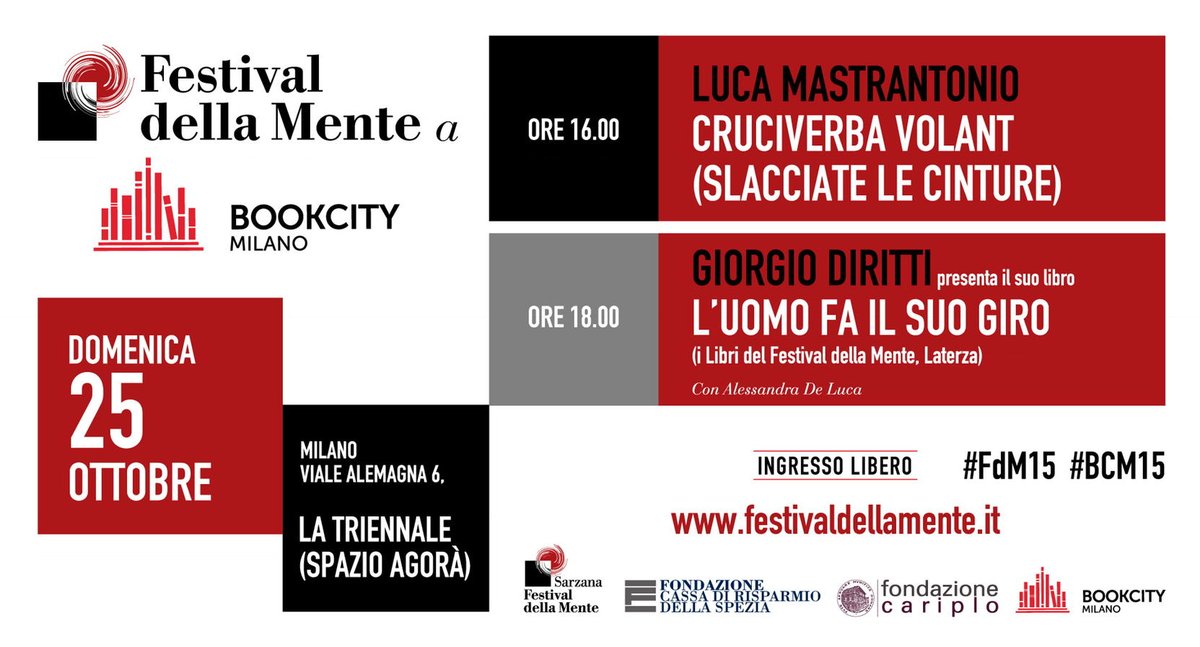 FestdellaMente's tweet photo. Doppio appuntamento oggi pomeriggio @BOOKCITYMILANO #FdM15 #BCM15 vi aspettiamo! https://t.co/hJiP5s5iMC