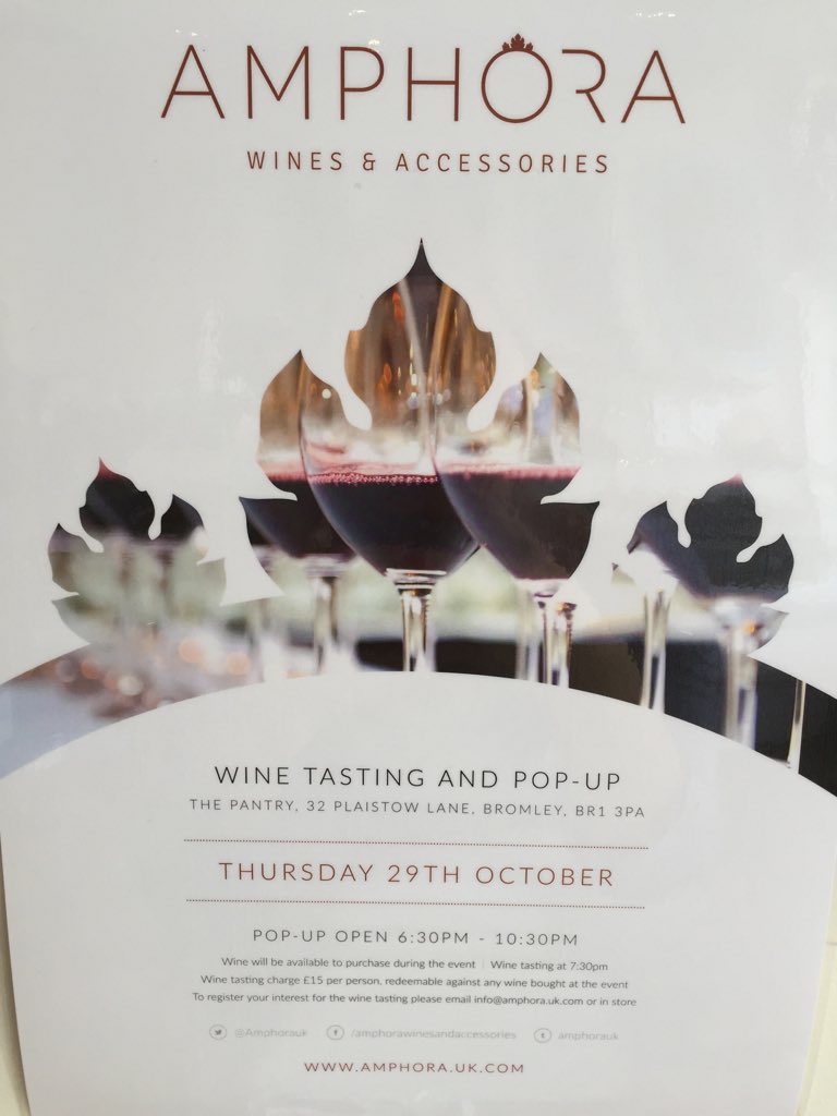Thursday 29th October at The Pantry.
Wine testing, cheese board, pop-up wine...
Register at info@amphora.uk.com