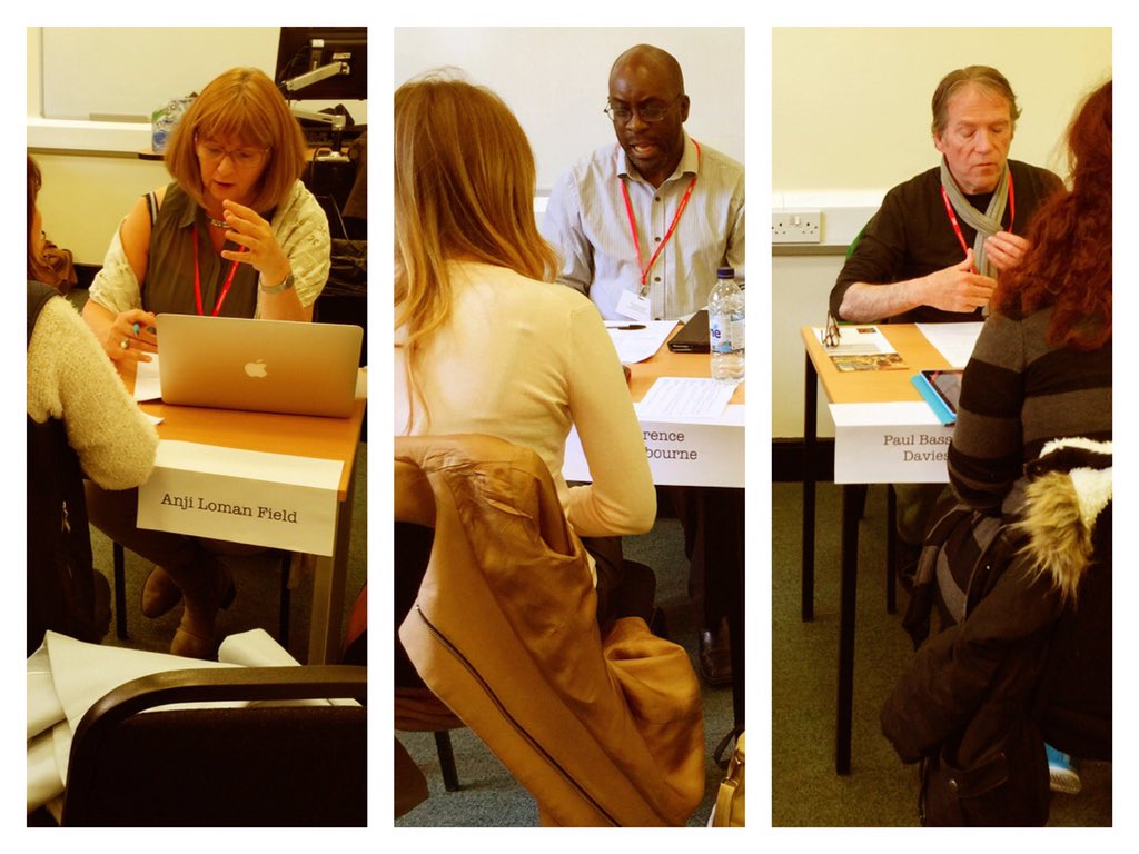 Euroscript's tweet photo. @Euroscript #LondonSWF #euroscriptlive - hard at work as script docs in the feedback room https://t.co/jzEId6e44y
