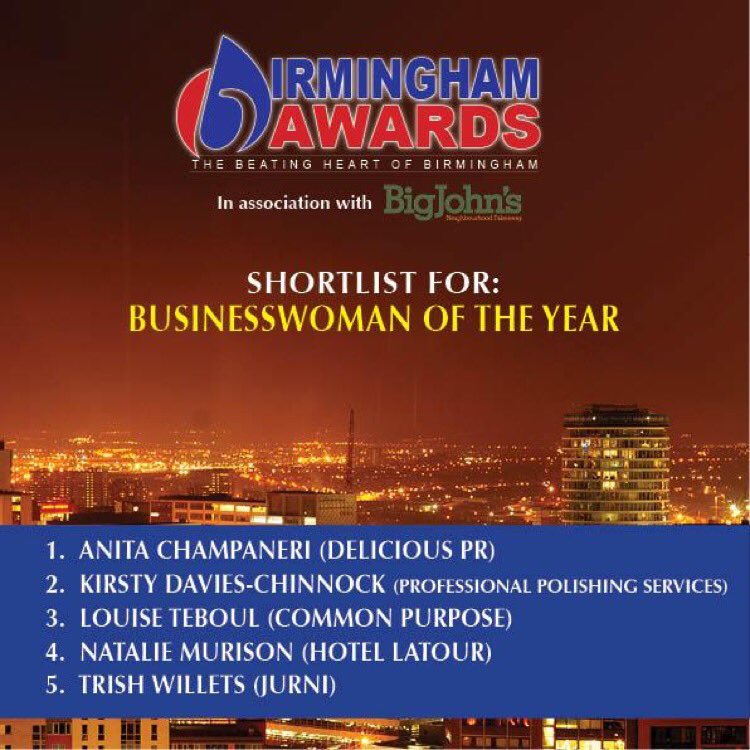 BirminghamAward's tweet photo. Vote for 'Businesswoman of the Year' @BirminghamAward #BProud  #BrumAwards2015 https://t.co/Sm4Rvo2dlZ @Natmurison https://t.co/qUVlgXn1hD