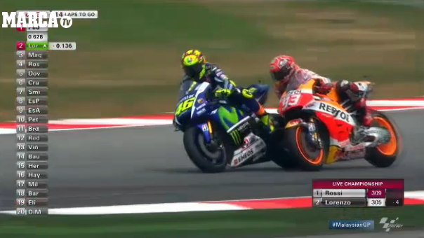 marca's tweet photo. .@MARCATV | Así fue la patada de Rossi a Márquez ▶ https://t.co/GM9hULp6Mt #MotoGP https://t.co/oR7OoVvWLN