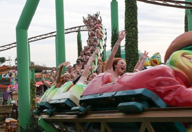 Naked roller coaster riders attempt new world record at Adventure Island, S...