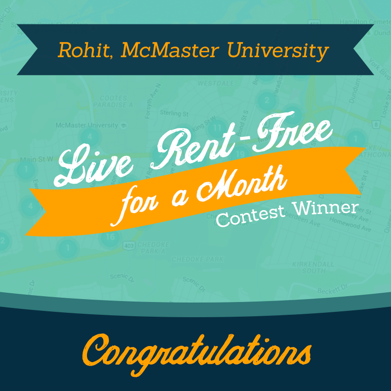 RentHost's tweet photo. Congratulations to Rohit for winning the ‘Live Rent-Free For A Month’ Contest. Enjoy your Rent-Free Month! #HamOnt https://t.co/ToEnNN5CzF