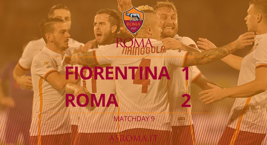 OfficialASRoma's tweet photo. Triplice fischio a Firenze: l'#ASRoma batte 2-1 la Fiorentina e vola in testa alla classifica! Forza Roma!!! https://t.co/TKDBrh15Ed
