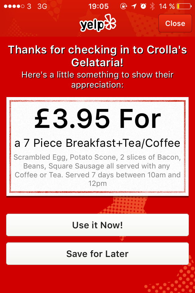 yelpglasgow's tweet photo. It's time for the #checkinoffer of the week! Check-in at @CrollaGelato and get a 7pc Brekkie for under £4! https://t.co/qndjBvoggo