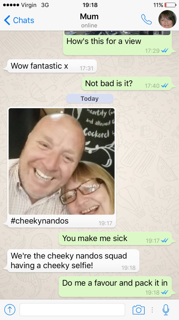 MitchBogard's tweet photo. So as if being not invited to a family nandos trip wasn't bad enough, the old girl messages me this https://t.co/IRPcCPLxUy