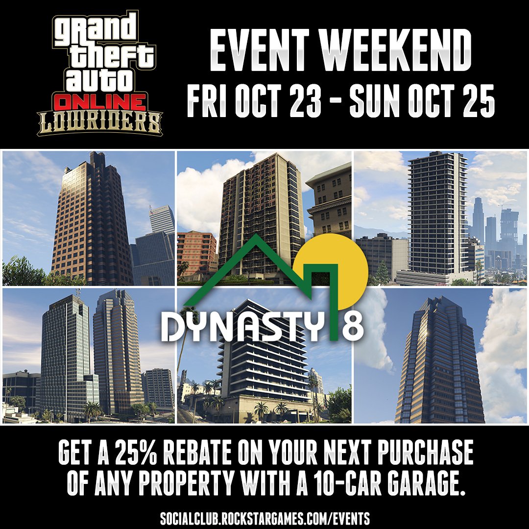 RockstarGames's tweet photo. Last chance to grab your 25% rebate on a property w/ a 10-car garage  #GTAOnline. Details at https://t.co/qsCukIfbYo https://t.co/CyFoSFrgI0