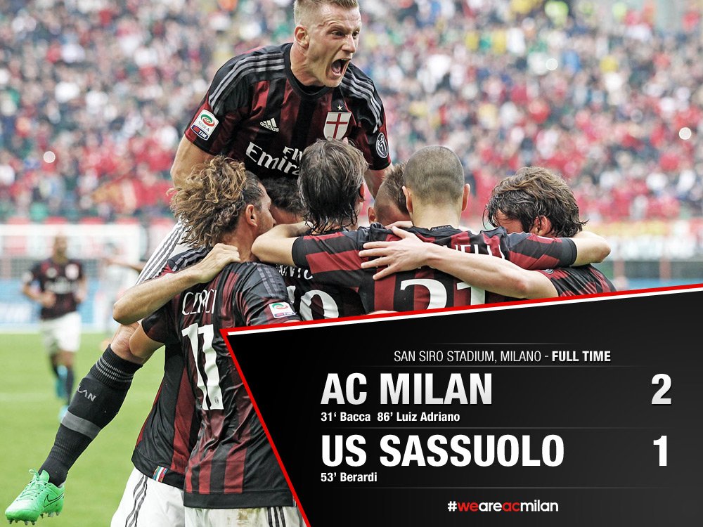 acmilan's tweet photo. Full time/Fischio finale: #MilanSassuolo 2-1, goals by @carlos7bacca and @LuizAdriano_9!

#ForzaMilan #weareacmilan https://t.co/ct6jAfQ6St