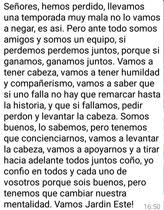 Jardinestefc's tweet photo. Mensaje de nuestro capitán @josejuanmartin tras la durísima derrota de hoy https://t.co/laxsXpPbVk