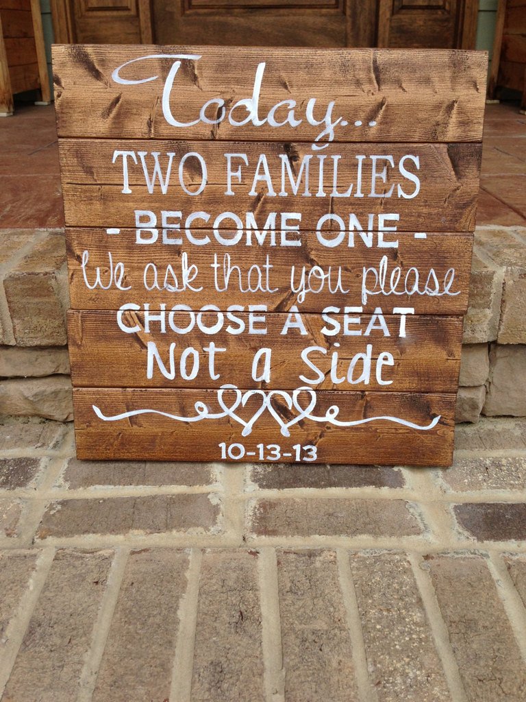 ChicRusticSigns's tweet photo. Custom Wood Sign Wedding Sign "Two Families Become One We ask that you Choose a Seat not A side" by #ChicRusticSign… https://t.co/QiwlXh4Ysn