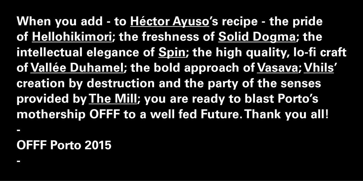 ohugosantos's tweet image. @HectorAYU @hellohikimori @solidogma @spin_studio @valleeduhamel @VasavaStudio @vhils1 @MillChannel = #OFFFPorto! 👏