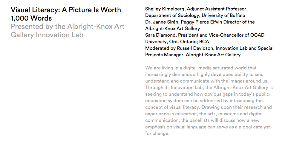 Feature_Fair's tweet photo. Join us for the #featurefair 2pm Talk presented by the Albright-Knox Art Gallery Innovation Lab #VisualLiteracy https://t.co/ZxeObRmB3U