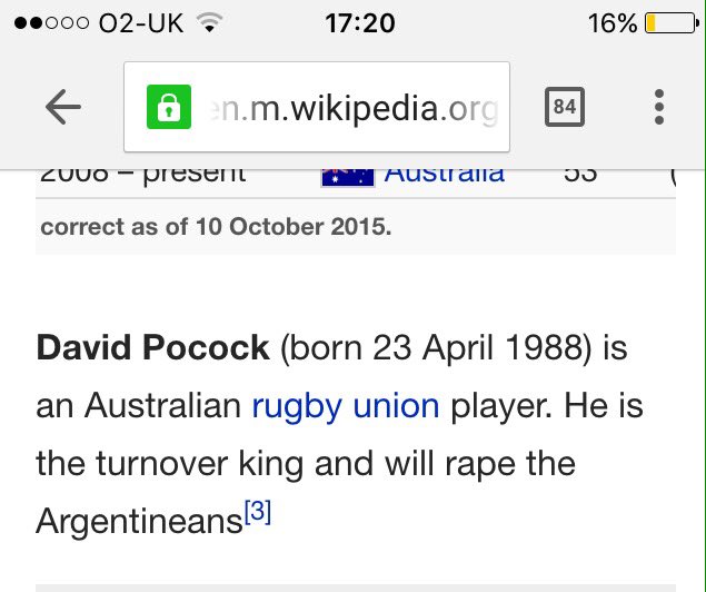 liamo92's tweet photo. David Pocock's wiki page. Seems about right #rugbyworldcup #rugby #australia https://t.co/BLtvHCmFv3