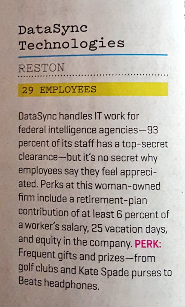 Cindy_DST's tweet photo. So excited about @datasynctech making @washingtonian Great Places to Work List!! Love DST!! #BraggingRights ;) https://t.co/oFS1LZJVUD