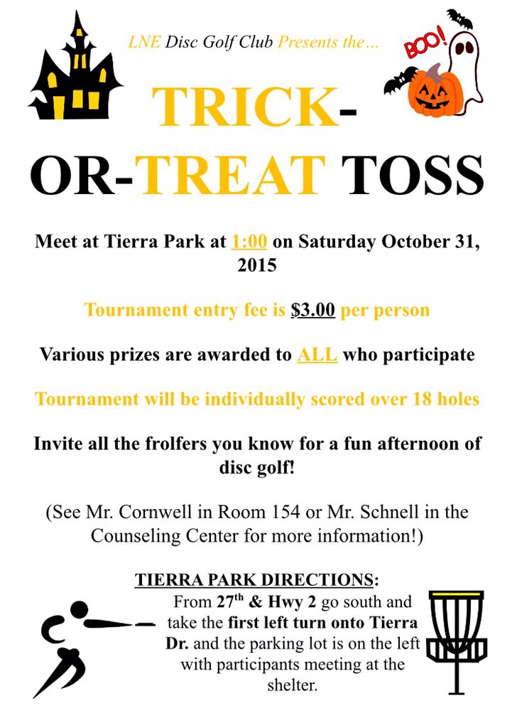 LNEdiscgolf's tweet photo. Join us at the Trick-Or-Treat Toss on Halloween! Everyone is invited and everyone wins! #DiscIsLife #DiscOrDie https://t.co/TohuiPArUn