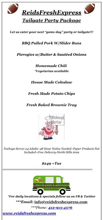 The Tailgate Party Package.......

Yinz just can't beat it!!

Order Now!! 

412-915-4576