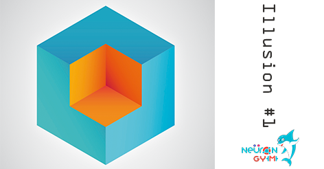 neurongym's tweet image. Depending on your perspective, the orange cube can appear to be inside the blue cube or floating in front of it.