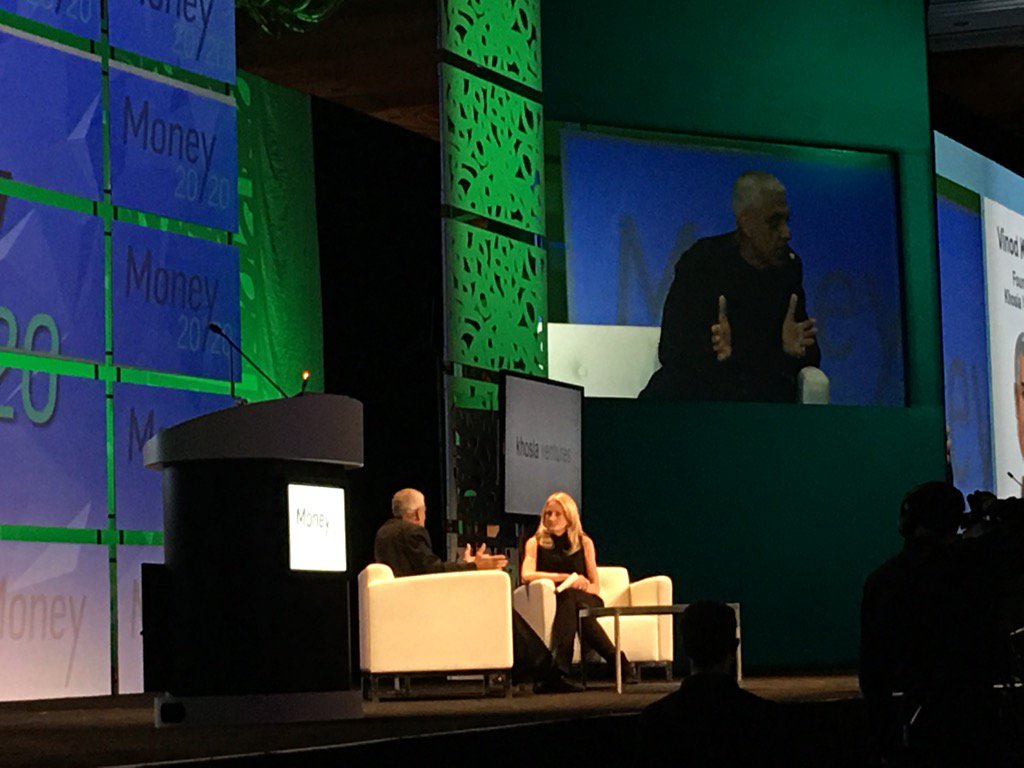 Chris_Skinner's tweet photo. Vinod Khosla talking about why he's invested in Stripe, Square, Chain and many other payment innovators #money2020 https://t.co/q3VZMGamIp