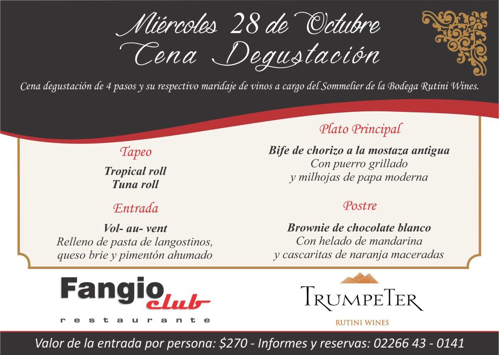 Próxima cena degustación el 28-oct en nuestro Fangio Club Restaurante. ¡No se la pierdan!