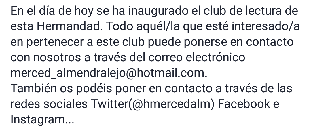 hmercedalm's tweet photo. ATENCIÓN:
Comienza el CLUB DE LECTURA de la Hermandad. ¡Os esperamos! ¡Lo pasaremos genial! https://t.co/EMQS9Z7s7T
