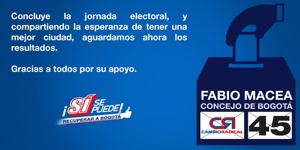 Fabio_Macea's tweet photo. Aguardamos ahora los resultados. Gracias a todos por su apoyo! #RecuperemosBogota  @EnriquePenalosa @Rodrigo_Lara_ https://t.co/oLQ8wtOgjL