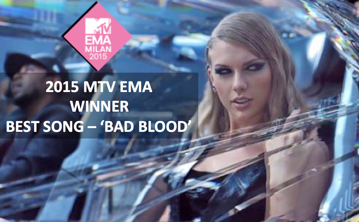 taylornation13's tweet photo. Because of your votes Taylor is WINNER of #MTVEMA's Best Song for "Bad Blood"! 🎉🏆 https://t.co/G5f5aQFb61