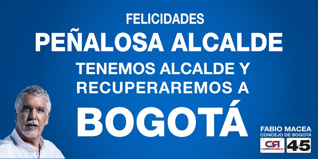 Fabio_Macea's tweet photo. Felicidades @EnriquePenalosa y @PCambioRadical juntos #RecuperemosBogota #Sísepuede https://t.co/YQKDhs0Cuh