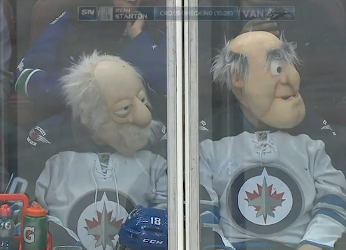 CBSSportsNHL's tweet photo. LOOK: The visitors' bench in Winnipeg can be a strange place. Now there's a dog https://t.co/e5XABsIvqk via @mremis https://t.co/0fRJf9l1LF