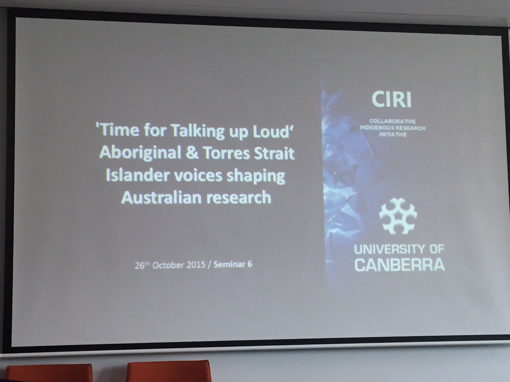 CATSINaM's tweet photo. We are tweeting live from @UniCanberra where @LynoreGeia is speaking on Indigenous voices in research #talkingup https://t.co/mlXa4Igdwf