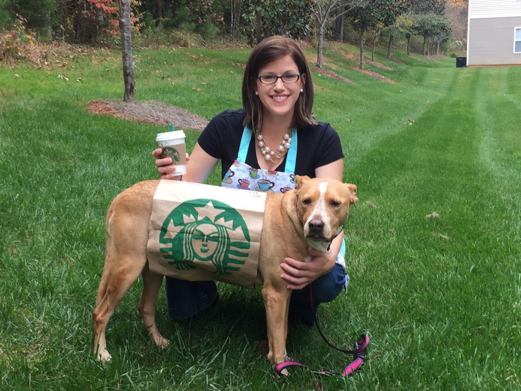 RuffLife_Spice's tweet image. @BlogPaws Happy Halloween from Spice dressed as a pumpkin spiced latte and myself as the barista! #BlogPawsHalloween