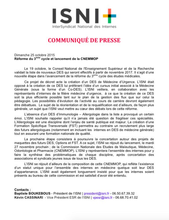 ISNItwit's tweet photo. @ISNItwit: CDP du 25/10 relatif à la réforme du troisième cycle des études médicales et la CNEMMOP https://t.co/dJnovcWhQw