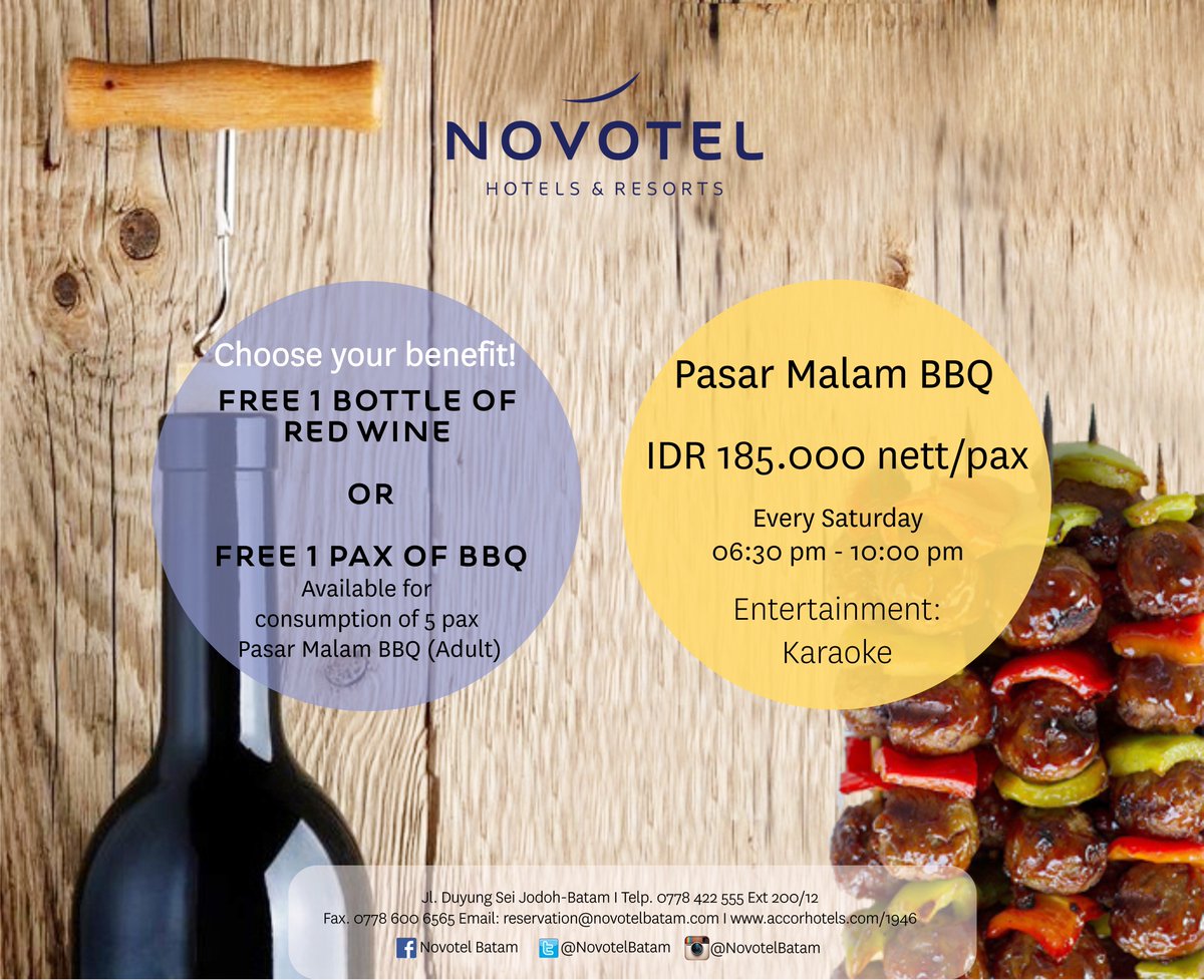 TravelodgeBatam's tweet photo. Pasar Malam BBQ
SABTU,18:30-22:00 
Novotel Batam
0778-425 555
reservation@novotelbatam.com

Entertainment:Karaoke https://t.co/XFSd5hx4C1