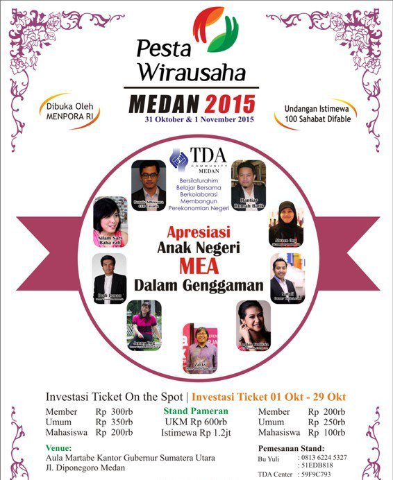 Pesta Wirausaha TDA MEDAN menghadirkan 9 Pembicara &amp; Dibuka MENPORA RI. INFO Pin:23171B20 medanseminar.com/2015/10/pesta-…