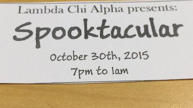 LambdaChiKato's tweet photo. Spooktacular is this Friday; If you need a ticket, find a Lambda Chi  and they'll sell you one. They're only $5! https://t.co/nZMymFIg5v