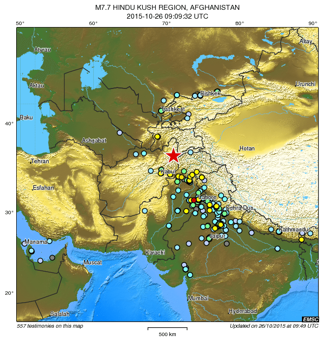 LastQuake's tweet photo. Map of the testimonies we've received so far following the #earthquake in Hindu Kush Region, Afghanistan https://t.co/15ERHuGZ7W