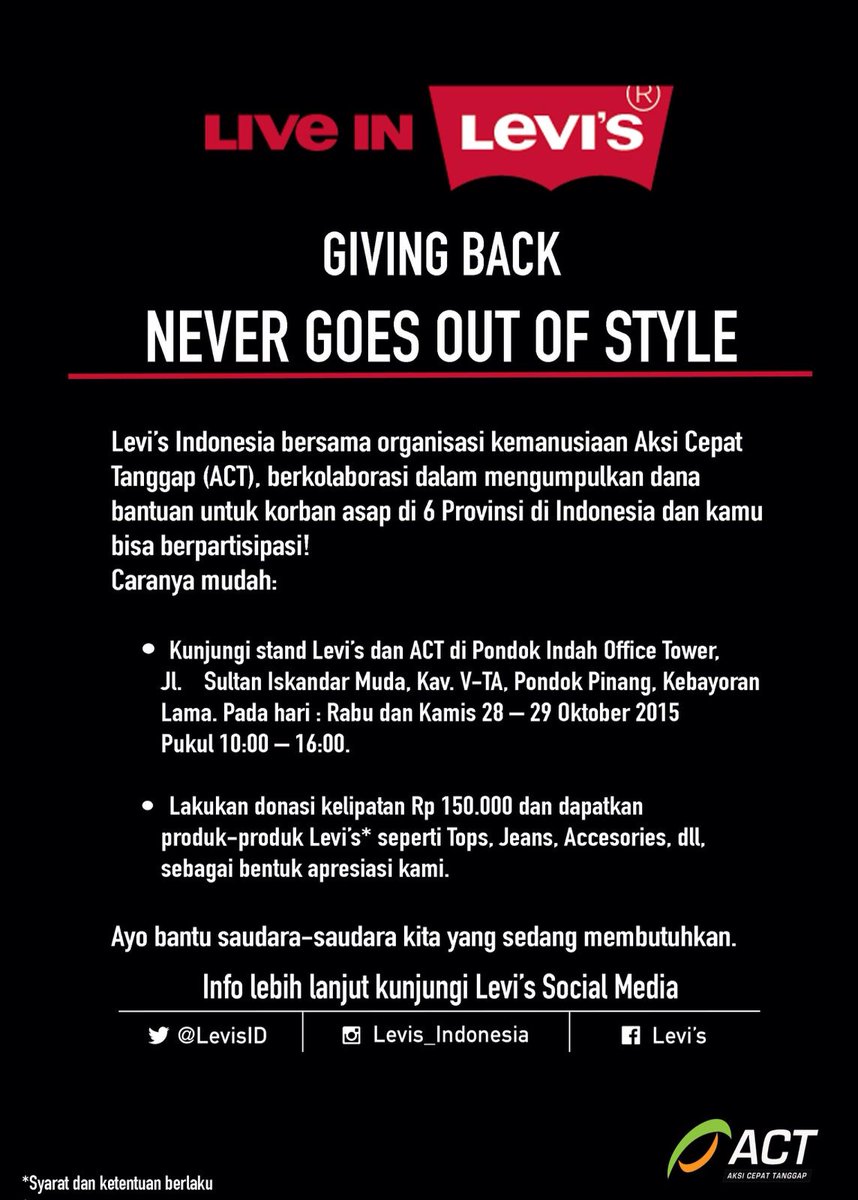 ACTforHumanity's tweet photo. #KolaborasiKemanusiaan @LevisID &amp; ACT untuk #DaruratAsap.

Details -> https://t.co/lTKSnMCkLI

#LetsACTIndonesia! https://t.co/oS8ylazEo1
