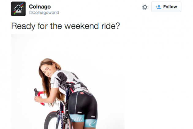 cyclingweekly's tweet photo. Twitter reacts to Colnago’s sexist ‘ready for the weekend’ tweet | https://t.co/n2PQN0GfEI https://t.co/N0yhqch3wa