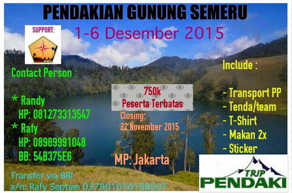 Pendakian Gn. Semeru
1-6Des15 • 750k with <a href="/PendakiJakarta/">PENDAKI JAKARTA 🇮🇩</a> 
MP: Jakarta
Pserta Trbatas (20org)
Close 22Nov15