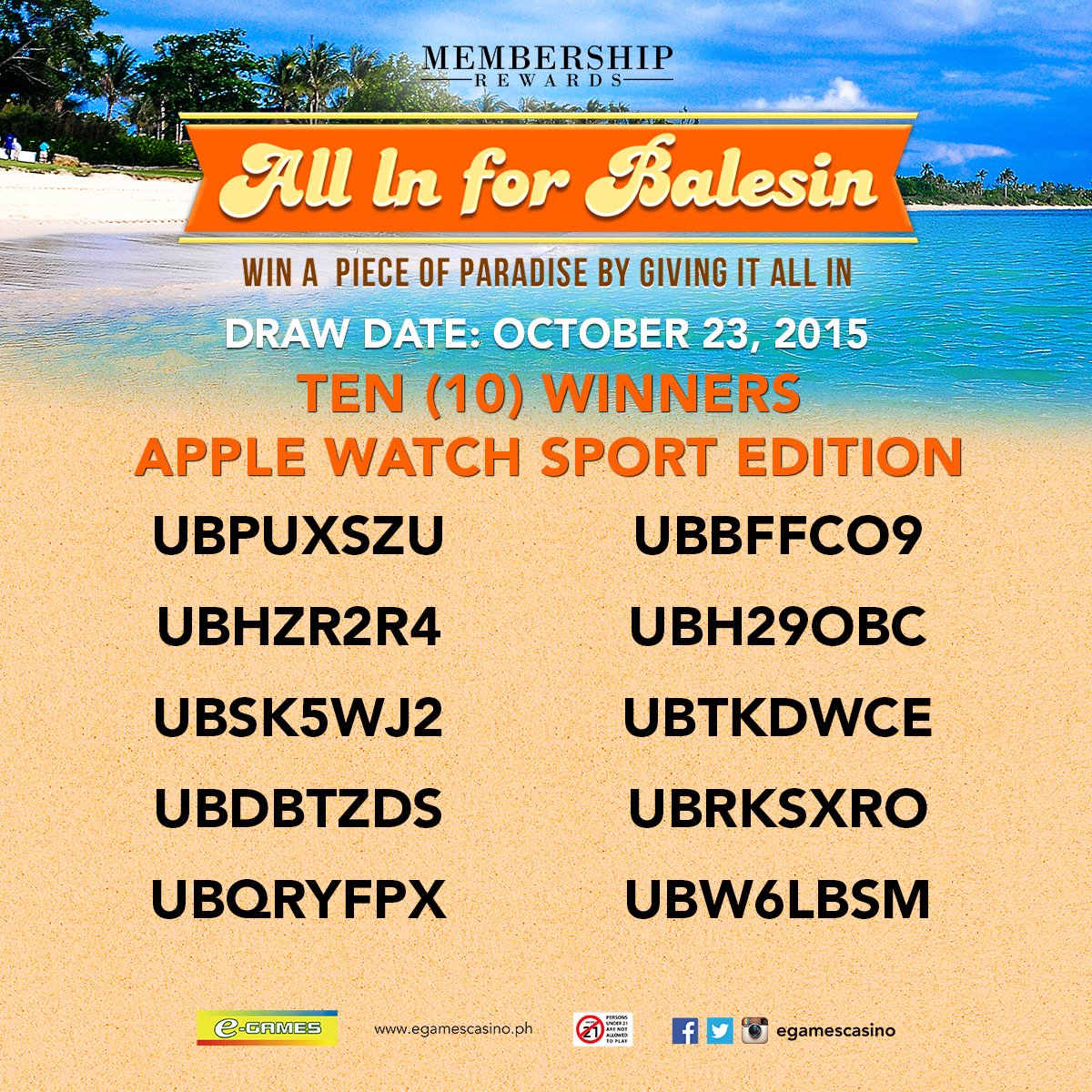 egamescasino's tweet photo. Congratulations to the WINNERS of an Apple Watch Sport! Please wait for our CSR to notify you! #AllInforBalesin https://t.co/JeQeQgAemJ