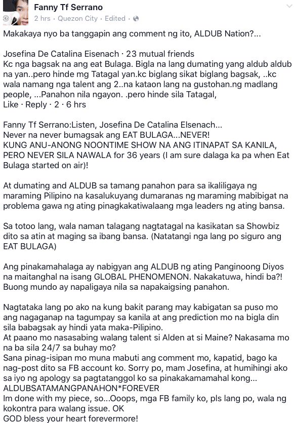 TomCallsx100's tweet photo. Facebook post by Tita Fanny Serrano. Thanks Tita Fanny ☺️👋🏻 #ALDUBNewBeginnings https://t.co/MQxgBkQOuk