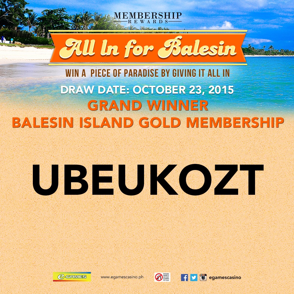 egamescasino's tweet photo. Congrats to the WINNER of a BALESIN ISLAND CLUB MEMBERSHIP! Please wait for our CSR to notify you. #AllInforBalesin https://t.co/C0X6wXdEFv