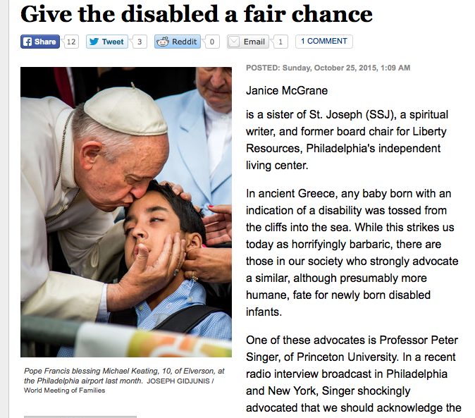 ssjphila's tweet photo. "Give the disabled a fair chance" by S. Janice McGrane SSJ 10/25 Phila.Inquirer.  #YoCL #YearofConsecratedLife https://t.co/1zQpSoJIop