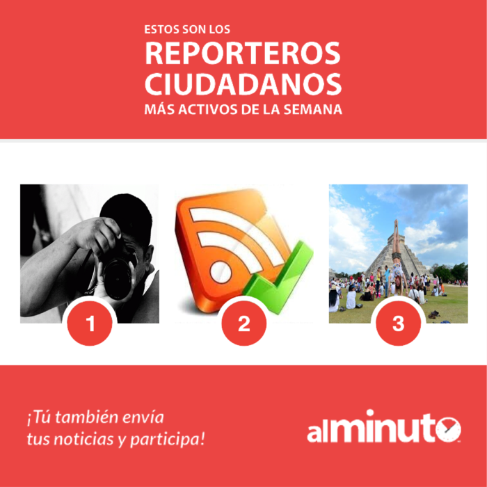 meridaalminuto's tweet photo. #MeridaAlMinuto
Estos son los Reporteros Ciudadanos más activos de la semana.
Envía tu noticia y participa. https://t.co/cyrWjqsYBl