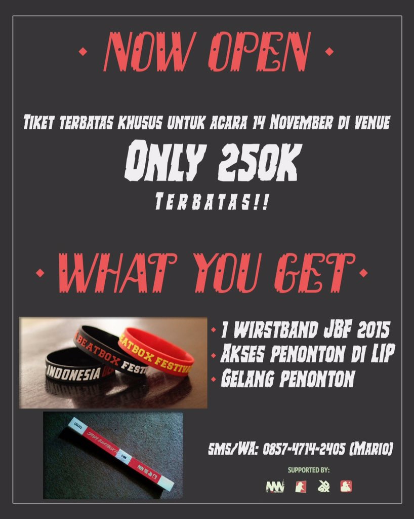 JavaBeatboxFest's tweet photo. HOT NEWS! LIMITED ticket for non-participant Only for #JavaBeatboxFest MAIN EVENT on 14Nov'15 at IFI. Only IDR 250k! https://t.co/c8kxGglIZ6