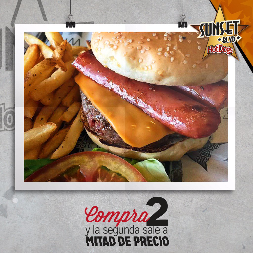 SunsetHotDogs's tweet image. Lunes de #hamburguesas, Compra 2 y la segunda te sale a mitad de precio.