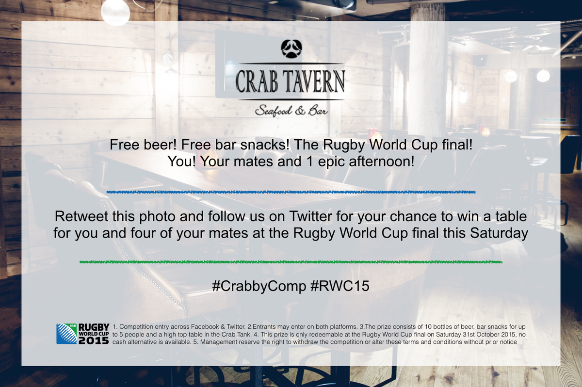 crabtavern's tweet photo. Who's for another #CrabbyComp? RT &amp; follow to enter our #RWC15 final #competition! 🏉 https://t.co/GMkqjOoi5v