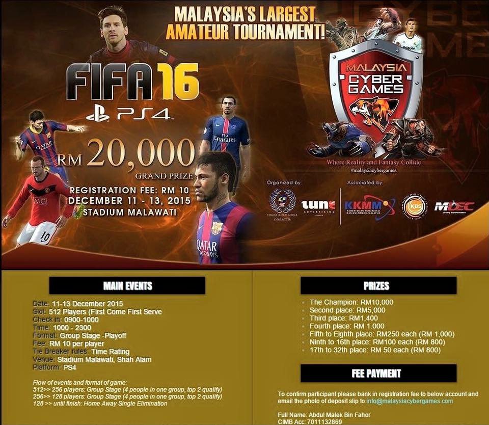 KhairilAnuar's tweet photo. Malaysia's largest Fifa16 Tournament. Hadiah RM20k! Hadiah first prize boleh buat hantaran kahwin! https://t.co/7wNpmvWTpE