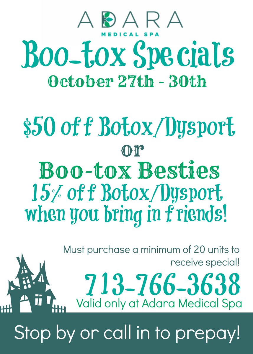 AdaraMedicalSpa's tweet photo. We are offering amazing #Halloween Boo-Tox specials - tomorrow - Friday, Oct. 30! #HoustonSkin #Botox #Dysport 🎃👻🎃 https://t.co/IdQlNEPwTn