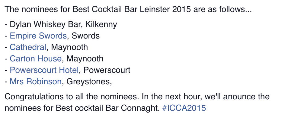 ICCAcocktails's tweet photo. Now for our new #ICCA2015 Regional Categories. The nominees for Best Cocktail Bar Leinster 2015 are as follows... https://t.co/FBGpqTpgxC